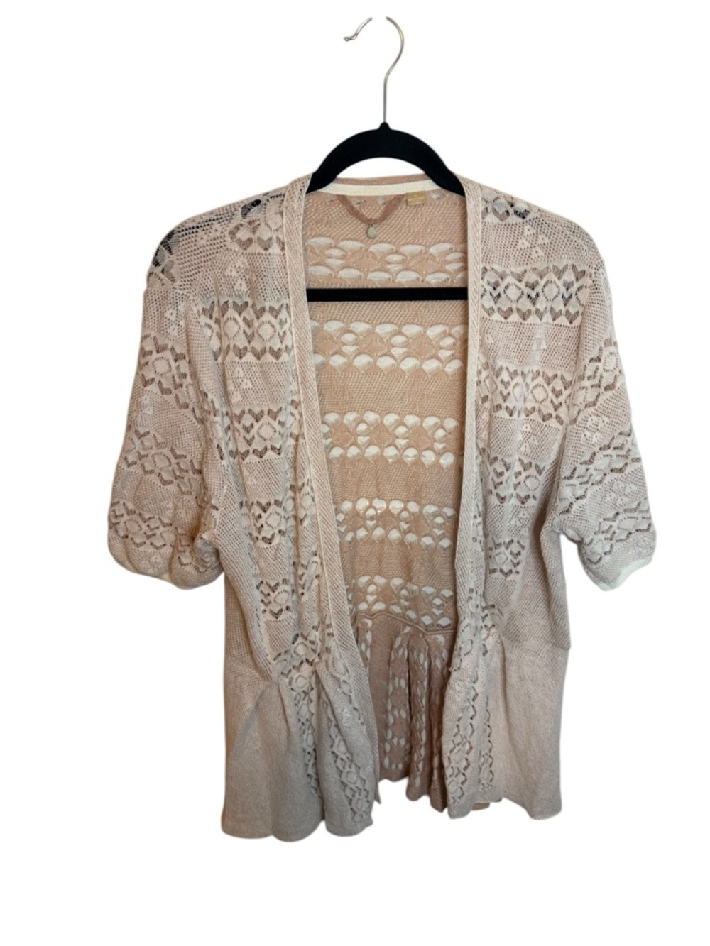 Anthropologie Knitted & Knotted Cream Crochet Lace Knit Short Sleeve Cardigan